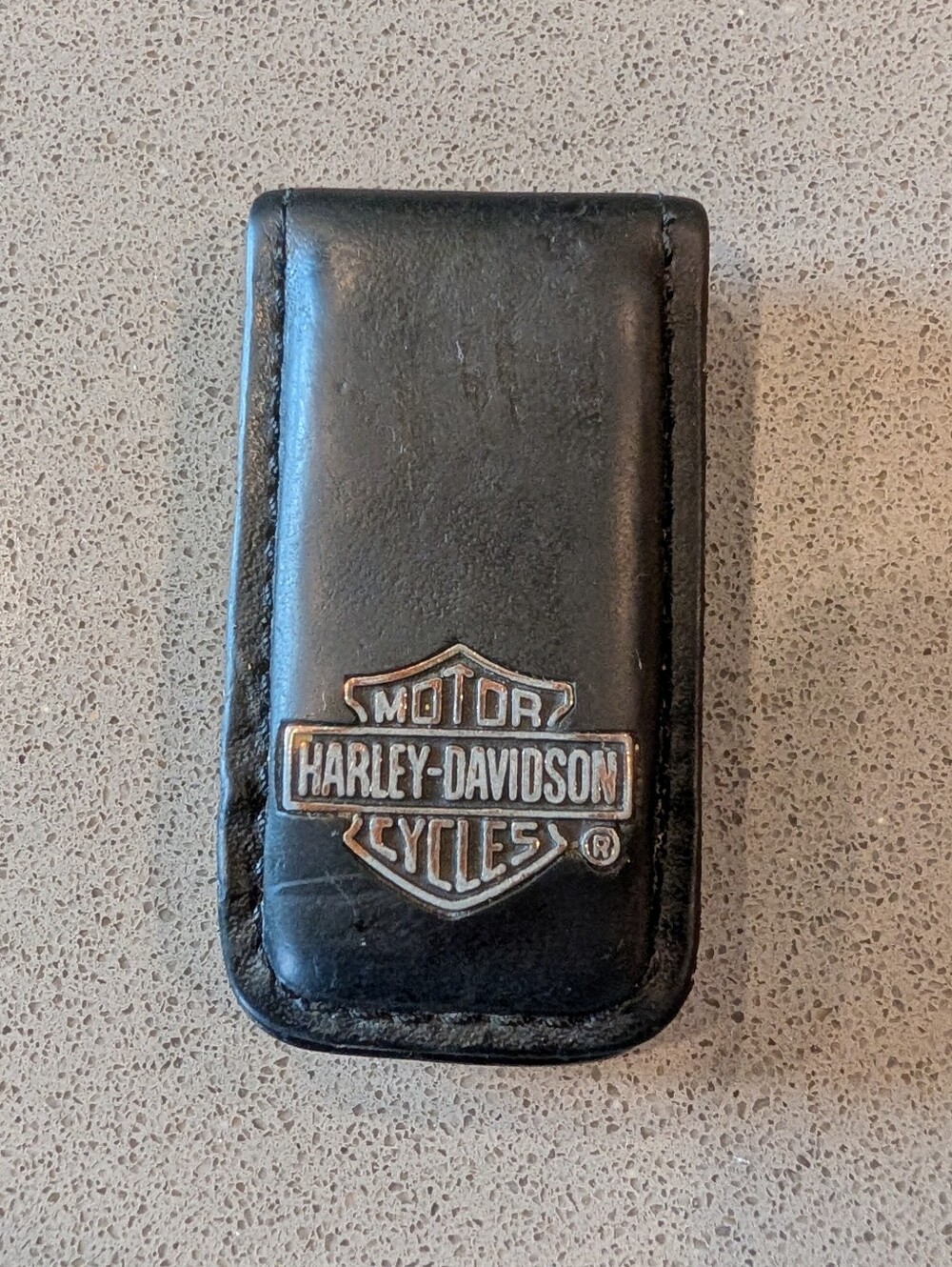 Harley-Davidson Black Leather Money Clip with Silver Bar & Shield